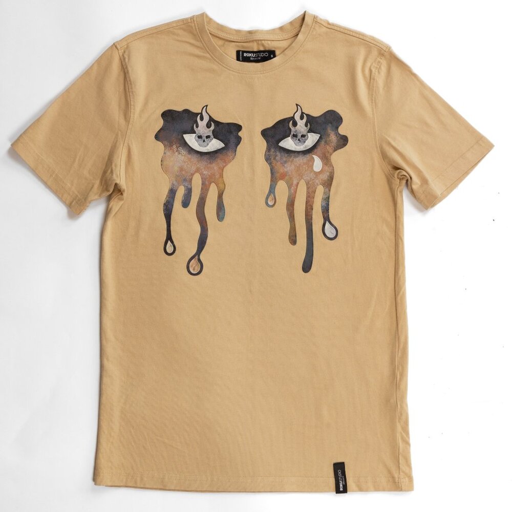 Roku Studio Mens Graphic Tee Size Small Tear Dripping Eyes Skull Tee Tan